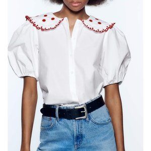 Zara Poplin Peter Pan Collar White Blouse Shirt